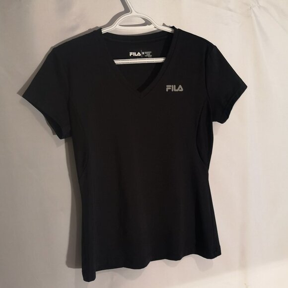Fila Ladies Size Medium Black V-neck Short Sleeve Fitted Athletic Top - Picture 1 of 4